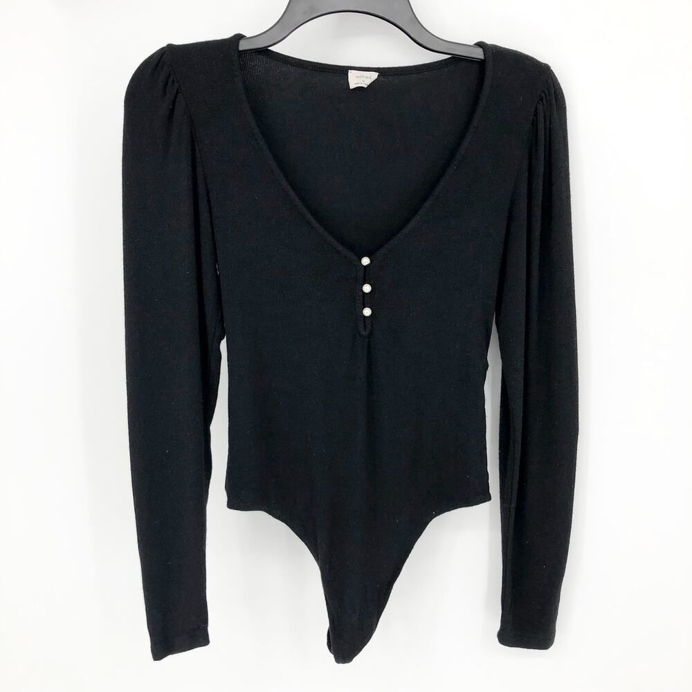 Wilfred Womens Pearl Bodysuit Medium Long Sleeve Puff Sleeve Stretch V-Neck